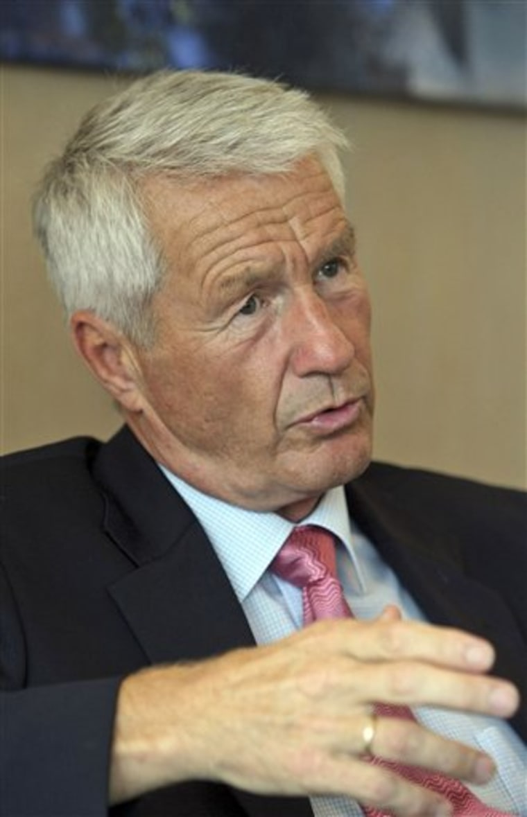 Thorbjoern Jagland, General Secretary of the Council of Europe and Norwegian chairman of the Nobel Peace Prize award committee, discusses the prize during an interview at his office at the Council of Europe in Strasbourg, eastern France, Wednesday.